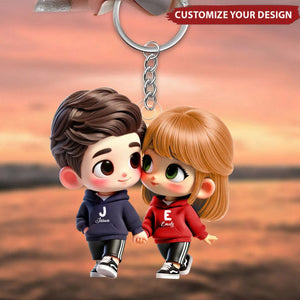 Cute Cartoon Couple Holding Hands Personalized Acrylic Keychain, Anniversary & Valentine's Day Gift