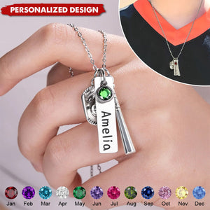 Personalized Birthstone Softball Baseball Bat Glove Necklace