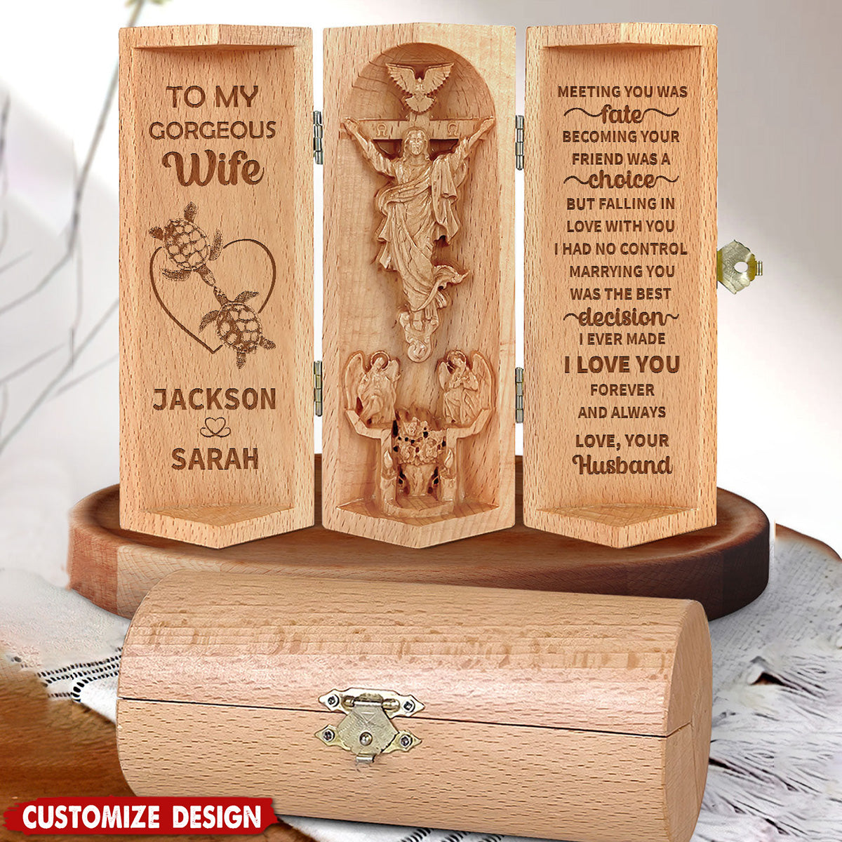 Meeting You Was Fate - Personalized Openable Wooden Cylinder Sculpture of Jesus Christ - Gift For Couple