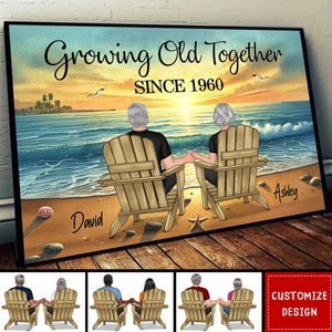 Old Couple Sitting Together Sunset Beach Landscape Personalized Poster-Gift For Couple