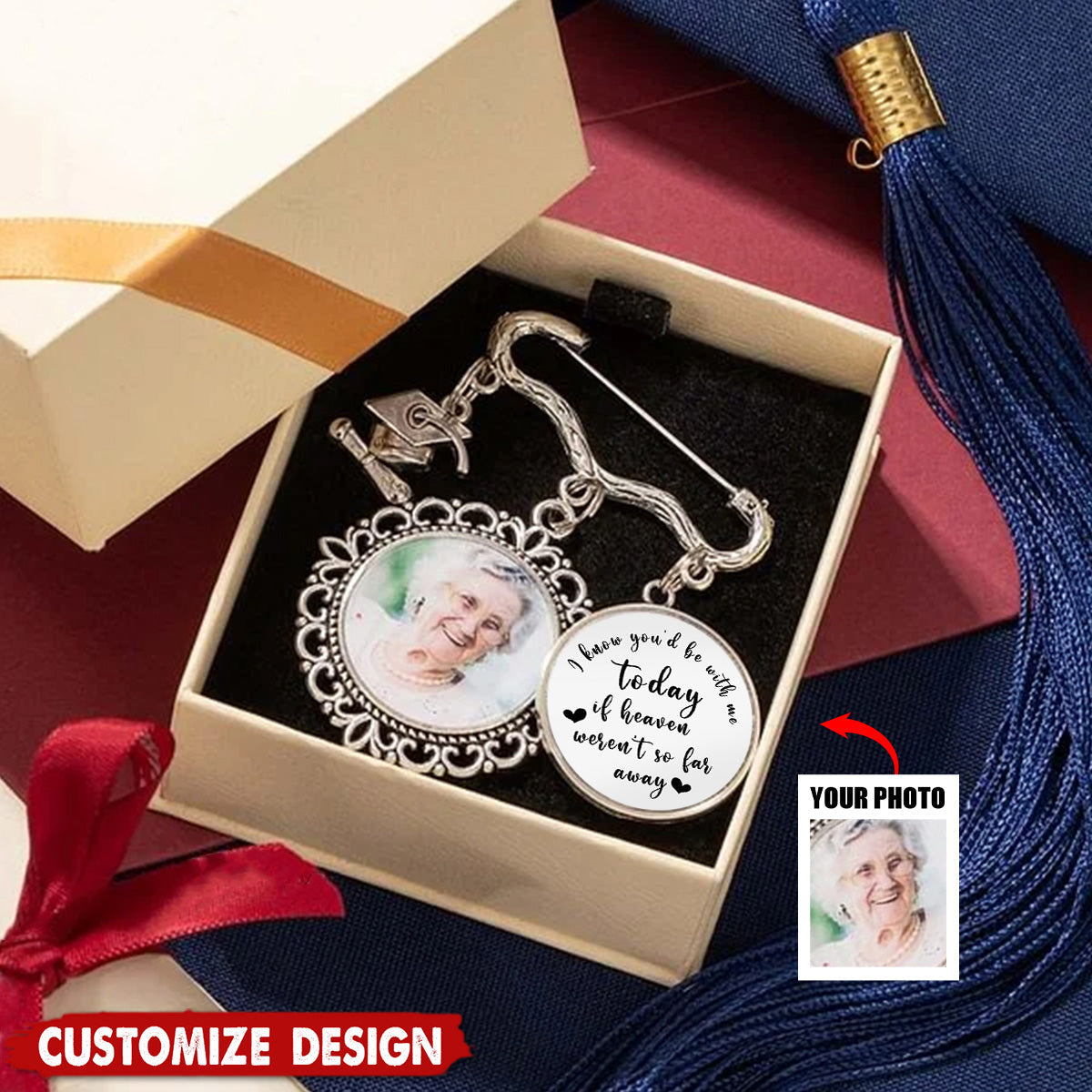 Personalized Antique Graduation Cap Memorial Tassel Brooch Pin with 1-6 Photo Charms Grad Ceremony Sympathy Gift for Class of 2025 Graduates