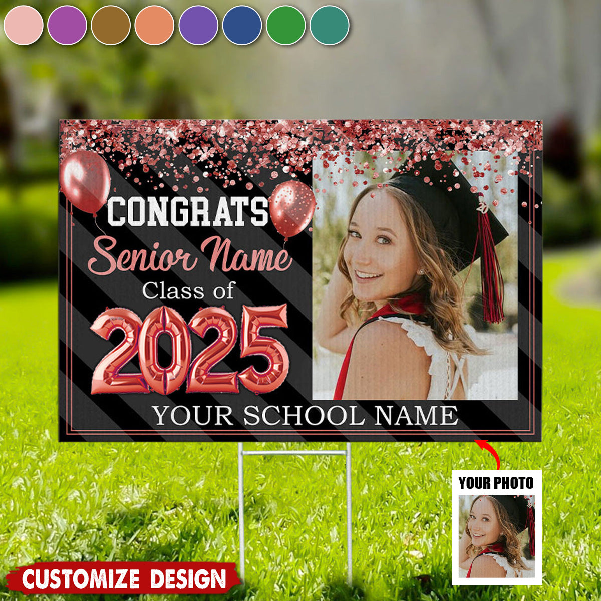 Personalized Congrats 2025 Senior Photo Multicolor Glitter Balloon Flag - Graduation Decoration Gift