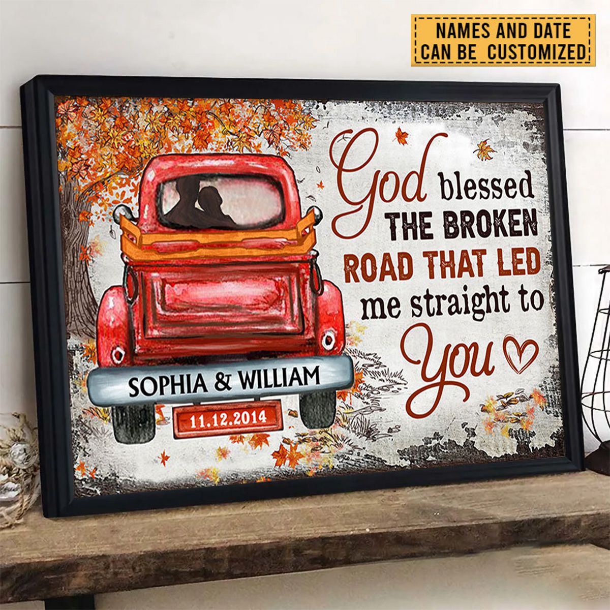 Personalized God Blessed The Broken Road Fall Leaves Custom Poster - Gift For Husband Wife