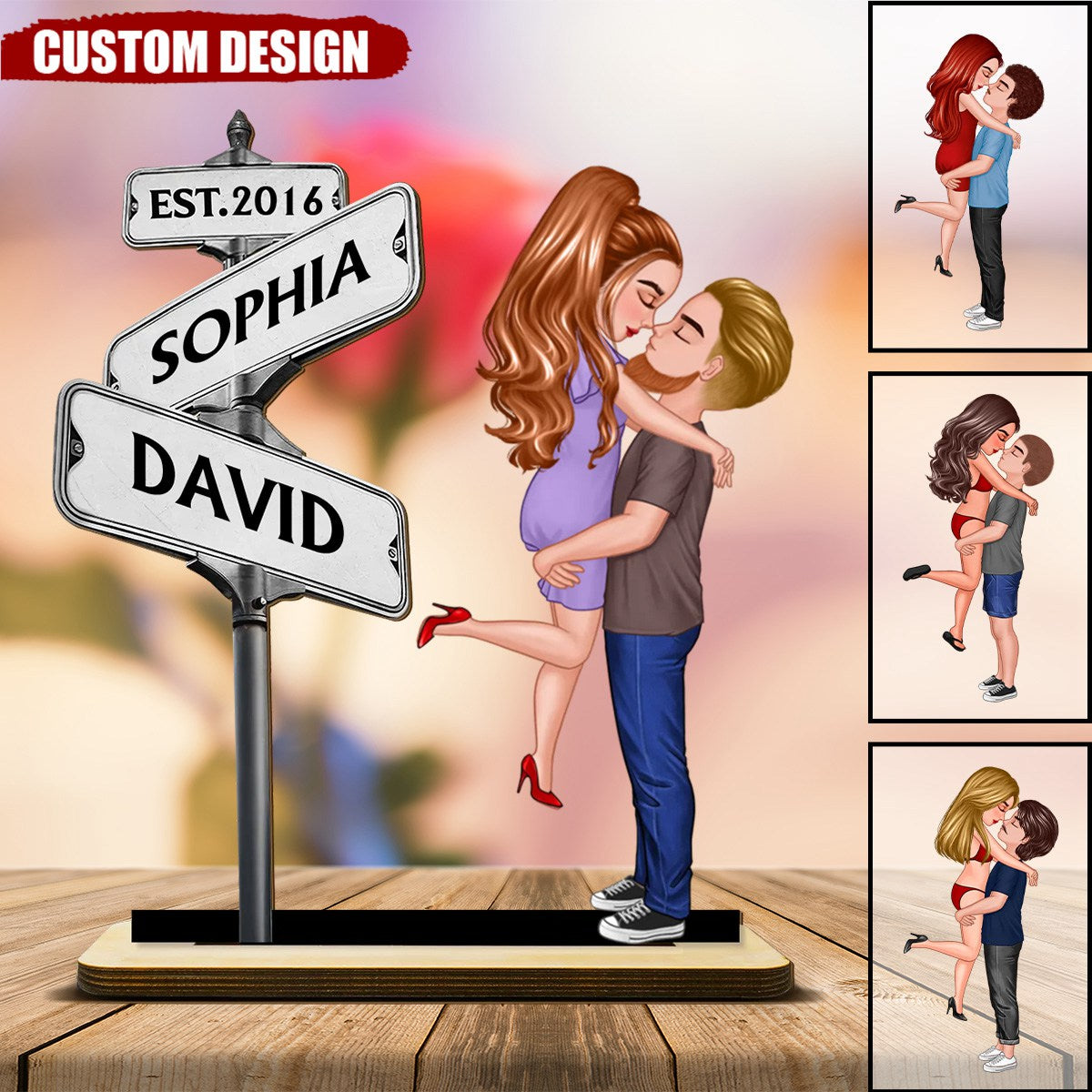 Personalized Standing Wooden Plaque With Couple & Custom Street Signs, Anniversary Gift For Couple