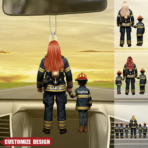 Firefighter Mom And Kids - Personalized Acrylic Car Ornament