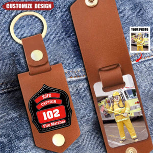 Personalized Upload Your Photo Firefighter Leather Keychain