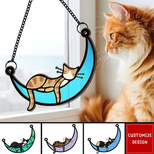 Sleeping Cat / Dog On Moon - Personalized Window Hanging Suncatcher Ornament