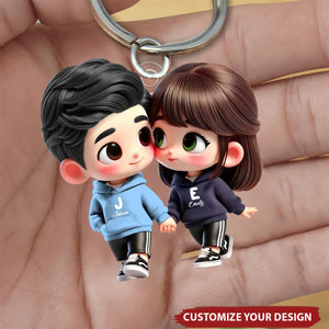 Cute Cartoon Couple Holding Hands Personalized Acrylic Keychain, Anniversary & Valentine's Day Gift