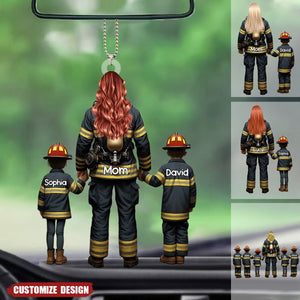 Firefighter Mom And Kids - Personalized Acrylic Car Ornament