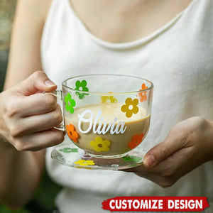 Personalized Flower Glass Coffee Cup Set with Name