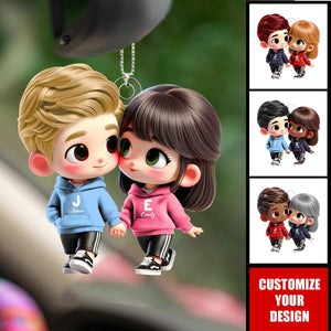 Cute Cartoon Couple Holding Hands Personalized Car Ornament, Anniversary & Valentine's Day Gift