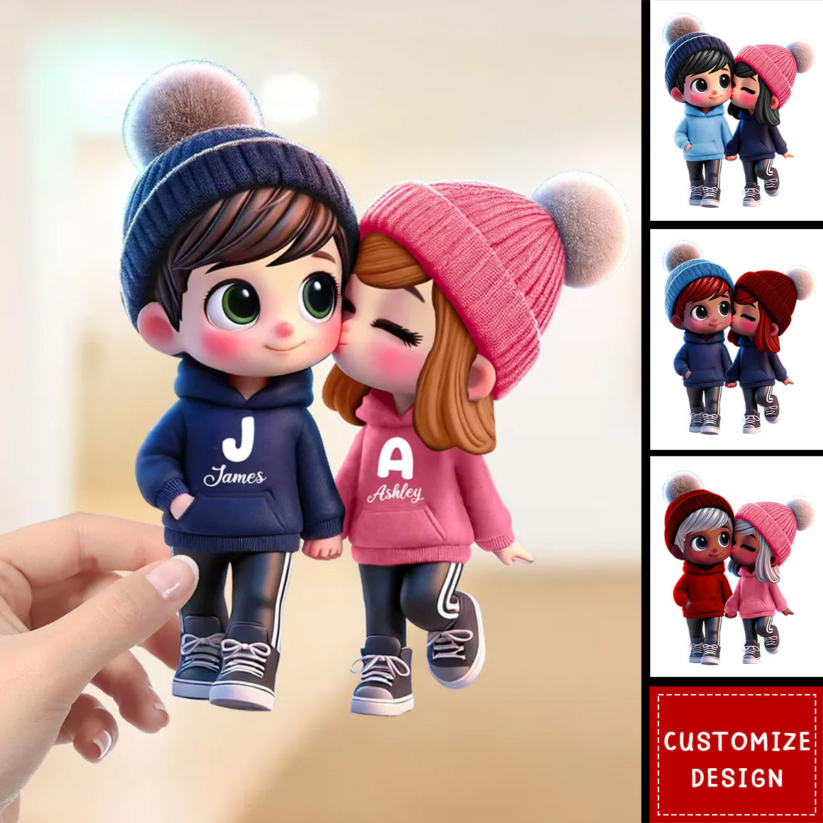 Cute Cartoon Couple Walking Personalized Standing Wooden Plaque-Anniversary Gift For Wife,Husband