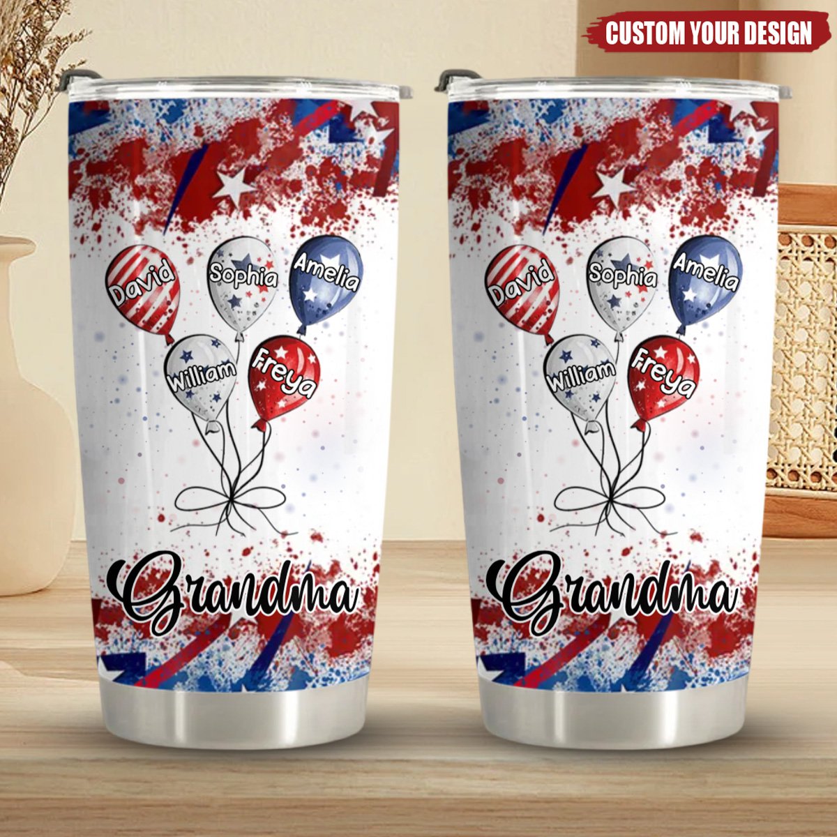 4th July Grandma Auntie Mom Little Balloon Kids American Flag Pattern Personalized Tumbler