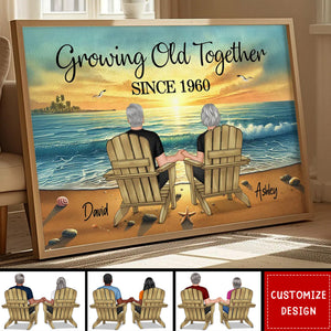 Old Couple Sitting Together Sunset Beach Landscape Personalized Poster-Gift For Couple