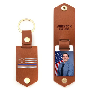 Personalized Upload Your Photo Police Officer US Flag Blue Line Leather Keychain