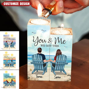 Back View Couple Sitting Beach Landscape Personalized Candle Holder