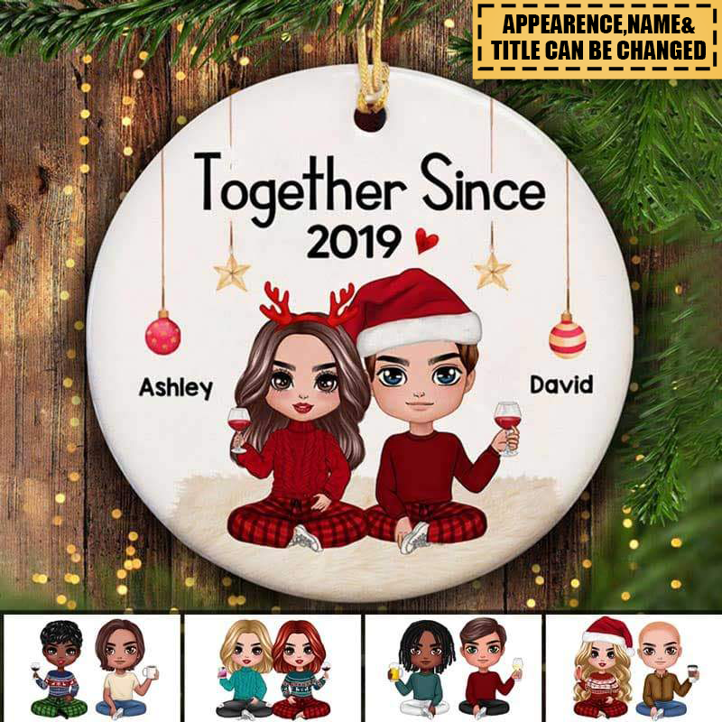 Doll Couple Sitting Christmas Gift For Him For Her Personalized Circle Ornament