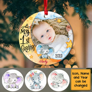 Baby's First Christmas Elephant Photo Circle Personalized Wooden Ornament