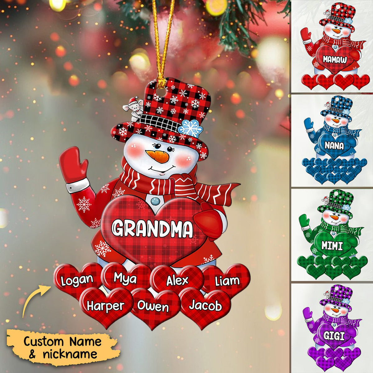 Colorful Christmas Snowman Grandma Mom Little Heart Kids Customized Ornament