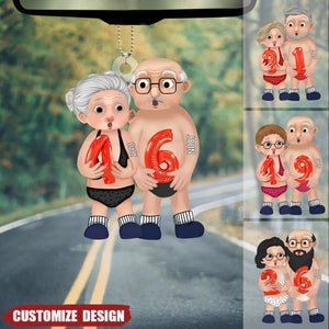 Old Couple Holding Balloons Personalized Acrylic Car Ornament - Gift For Couple